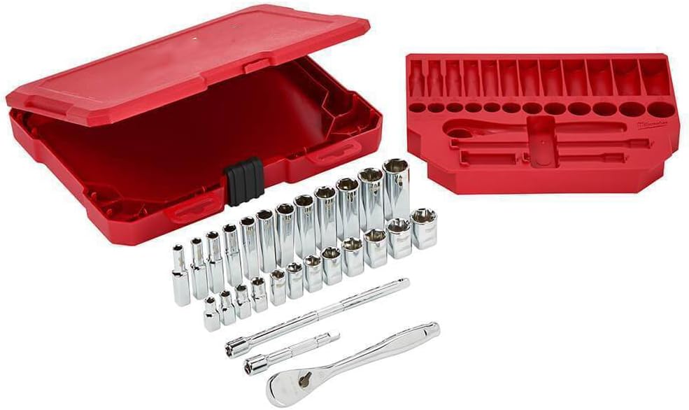 Socket Set For Milwaukee 48-22-9504 1/4-Inch Drive Durable Metric Ratchet and Socket Set (Size:9.5 x 1.7 x 8.7 in) - 28pc, Red