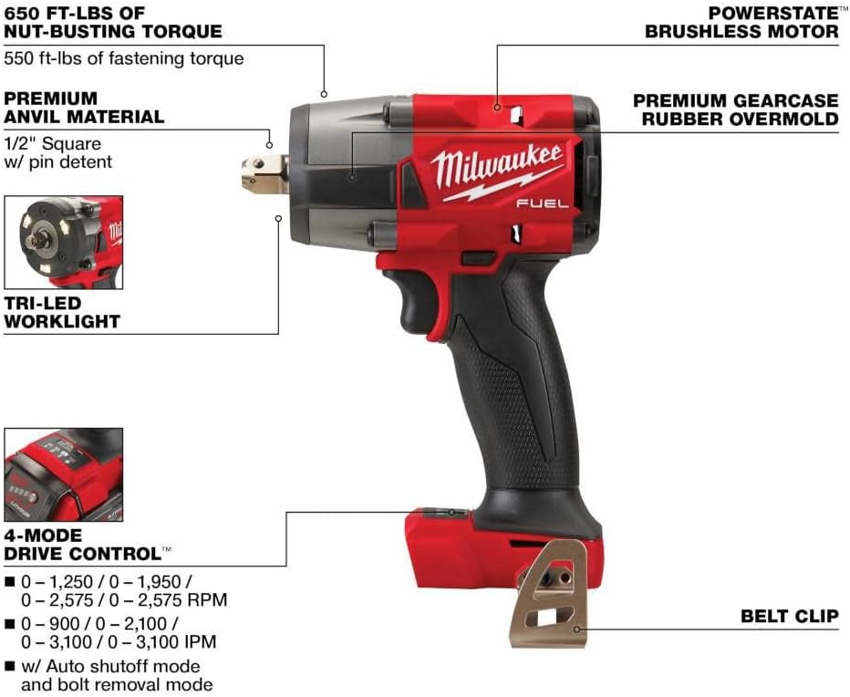 Milwaukee M18 FUEL 1/2 Mid-Torque Impact Wrench with Pin Detent (Bare Tool) 2962P-20