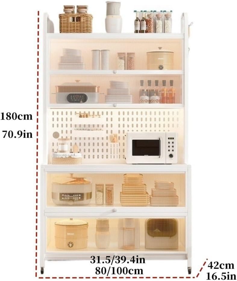 Tall Kitchen Pantry Storage Cabinet Bakers Rack with Wheels Hutch with Countertop Metal Sideboard with Acrylic Doors Creative idea(White,80 * 42 * 180cm)