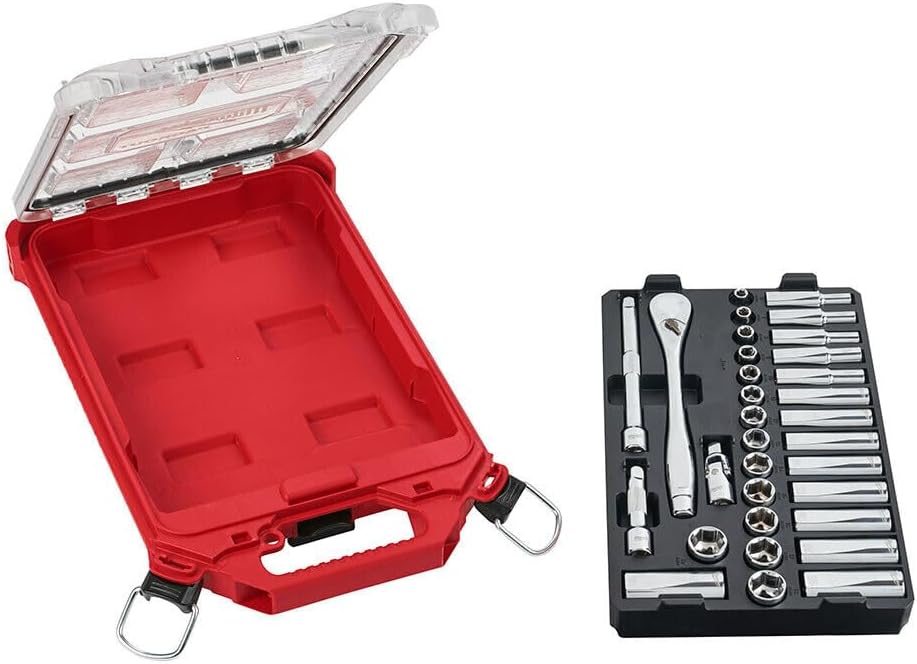 Ratchet Metric Socket Set For Milwaukee 48-22-9482 3/8' Ratchet Metric Socket Set w/Packout Case (Size:2.7×6.9×16.3 in) - 32pc, Red,black