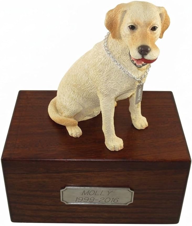 Wooden Dog Urn for Ashes with Yellow Labrador Retriever Figurine | Personalized Pet Memorial Urn with Pewter Engraving | Lab Dog Memorial Gift with Silver Chain & Red Ball by Conversation Concepts