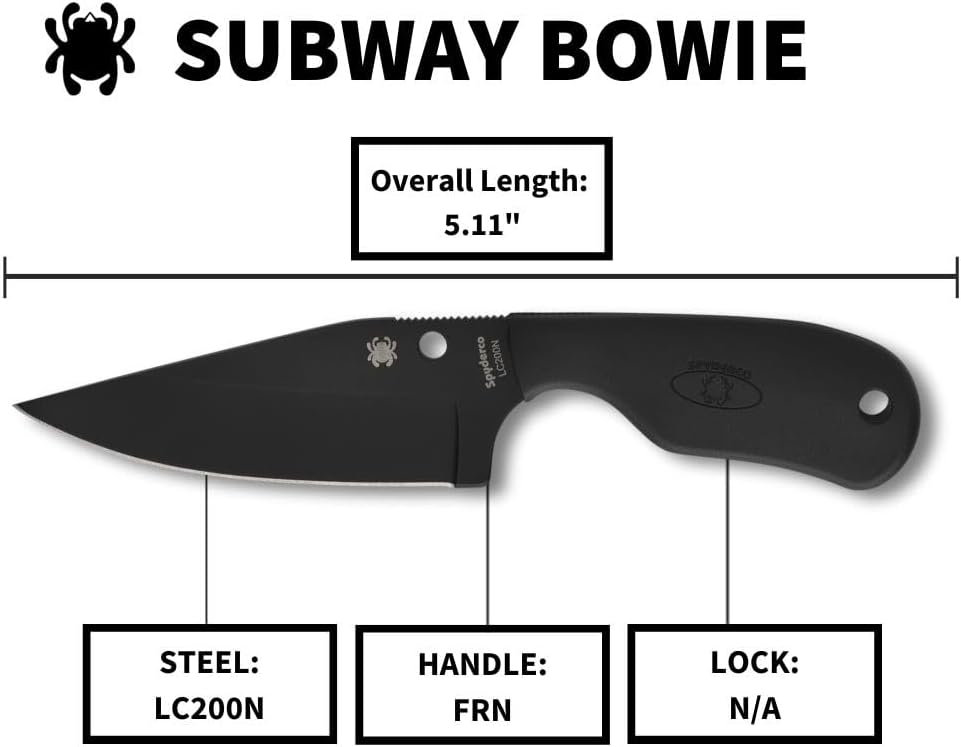 Spyderco Subway Bowie Fixed Blade Knife with 2' LC200N Steel Blade and FRN Handle - EDC Knife for Men and Women, Perfect for Hunting, Tactical, Camping, Survival, Hiking - PlainEdge - FB48PBBK