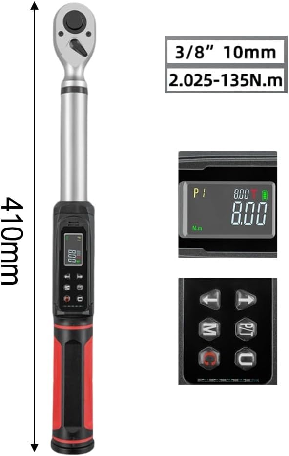 Digital torque wrench 1/4 3/8 1/2 inch with vibration buzzer LED overload protection 9 preset modes unit switching quick release ratchet head (10mm 2.02-135N.m)