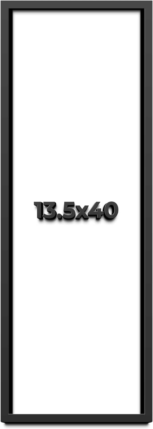 13.5x40 Shadow Box Black Solid Wood Display Frame with White Acid-Free Backing UV Acrylic & Hanging Hardware - with 3/4' Usable Depth