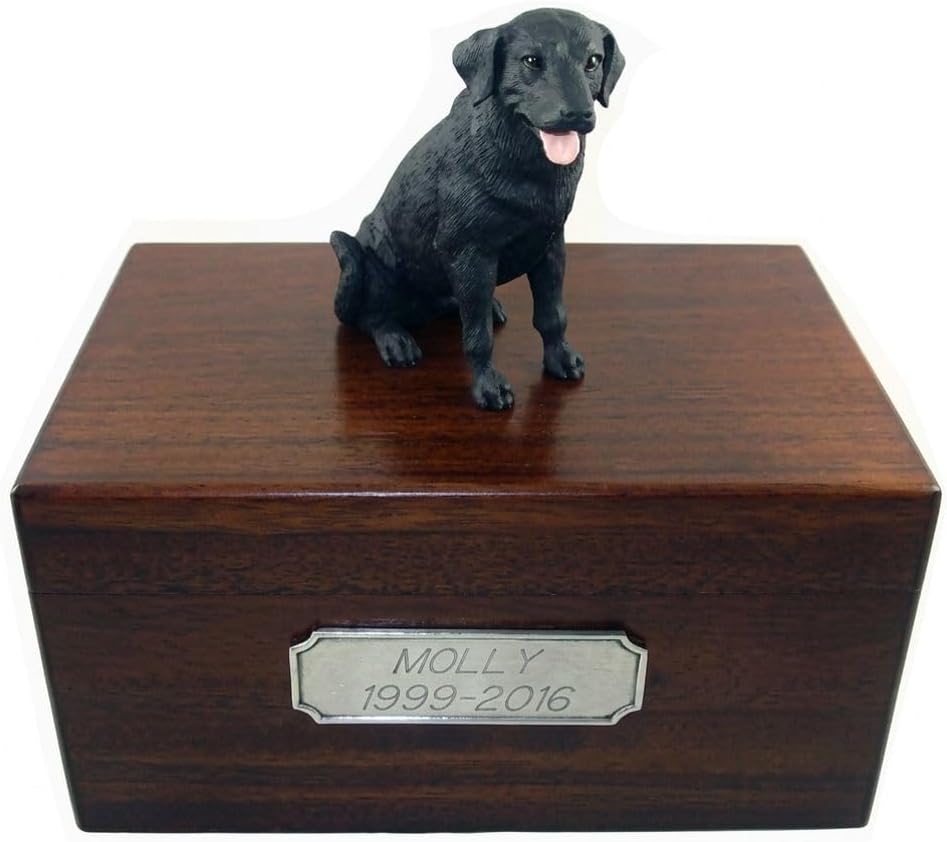 Wooden Dog Urn for Ashes with Black Labrador Retriever Figurine | Personalized Pet Memorial Urn with Pewter Engraving | Lab Dog Memorial Gift for Loss of Pet by Conversation Concepts