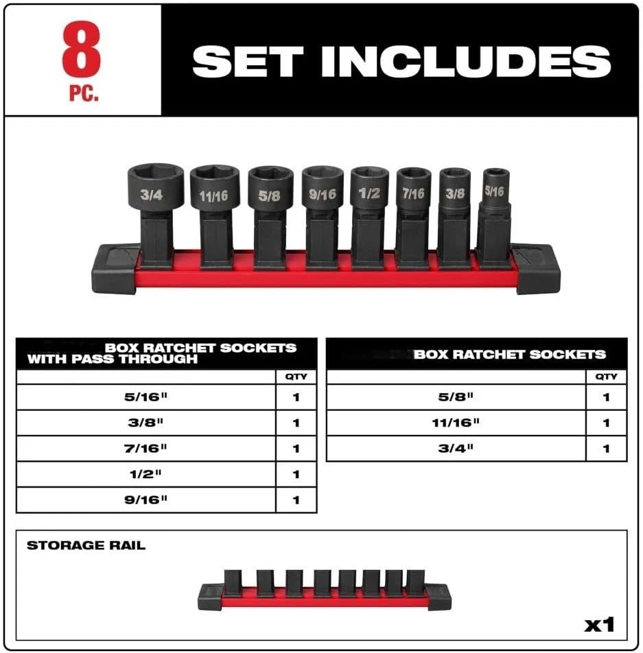 8 PC 49-16-1640 for Milwaukee 6-Point design Non-slip hex geometry Box Ratchet Socket Set Length 9 in Width 1.54 in Height 2.17 in