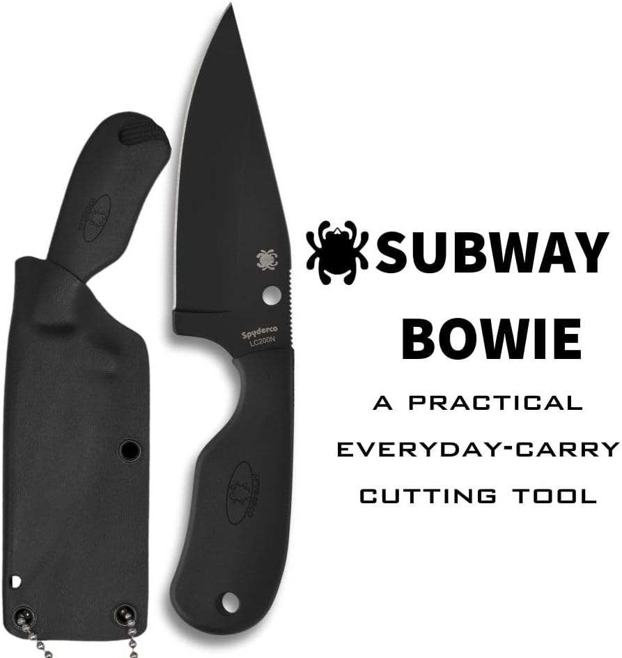 Spyderco Subway Bowie Fixed Blade Knife with 2' LC200N Steel Blade and FRN Handle - EDC Knife for Men and Women, Perfect for Hunting, Tactical, Camping, Survival, Hiking - PlainEdge - FB48PBBK