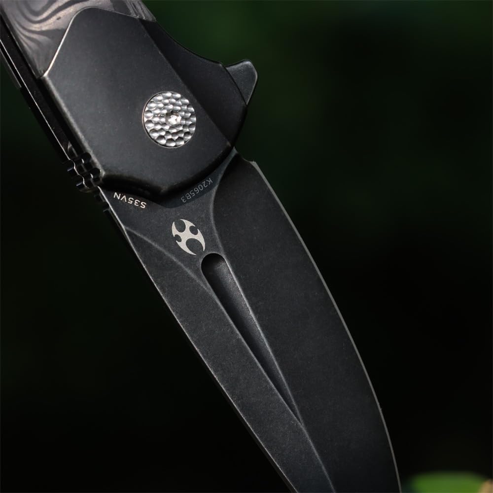 KANSEPT Cassowary Pocket Folding Knives for Men EDC Pocket Knife 2.9'' Black Stonewashed CPM S35VN Blade Folding Knife with Black Stonewashed Titanium Black Rose Pattern Carbon Fiber Handle K2065B3