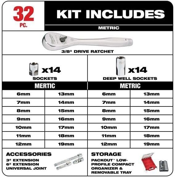 For Milwaukee Tool 48-22-9482 3/8 In Drive Ratchet & Socket Set, Metric, 32 Pcs