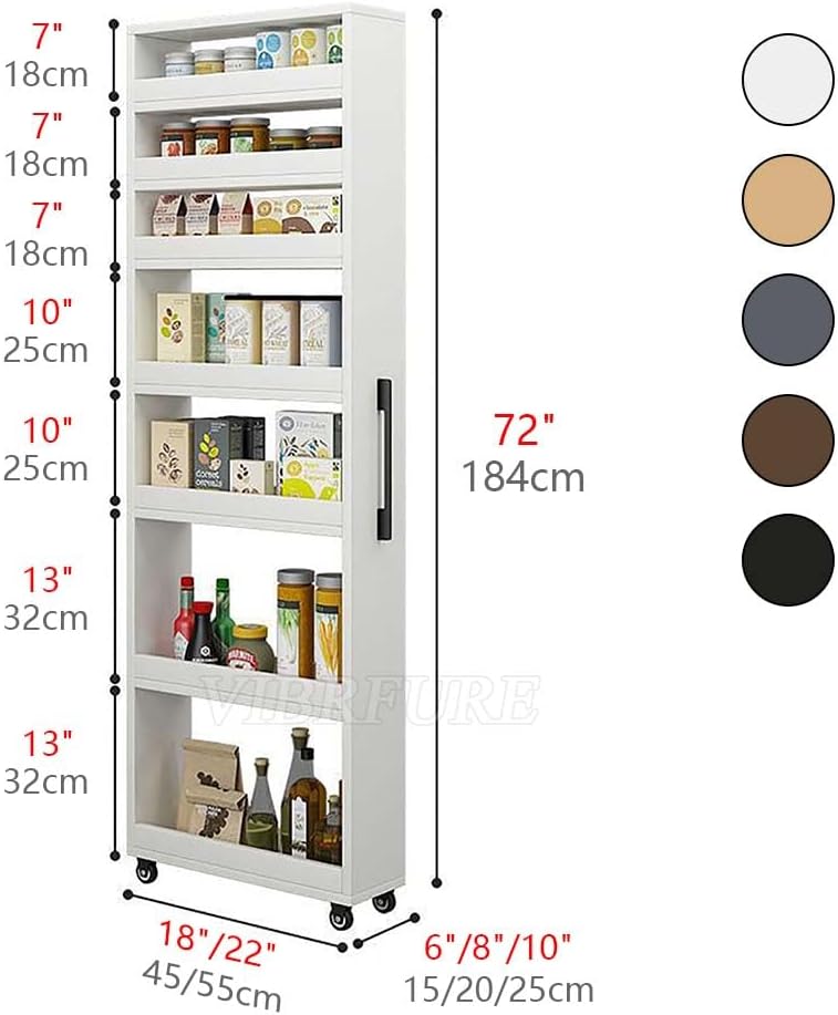 Slim Storage Cart with Wheels, Next to Fridge Storage Spice Rack, Kitchen Rolling Cart, Wood Storage Organizer for Kitchen, Bakers, Pantry, Dining Room (White,10' L x 22' W x 73' H)