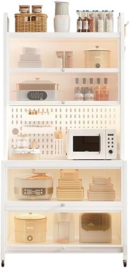 Tall Kitchen Pantry Storage Cabinet Bakers Rack with Wheels Hutch with Countertop Metal Sideboard with Acrylic Doors Creative idea(White,80 * 42 * 180cm)