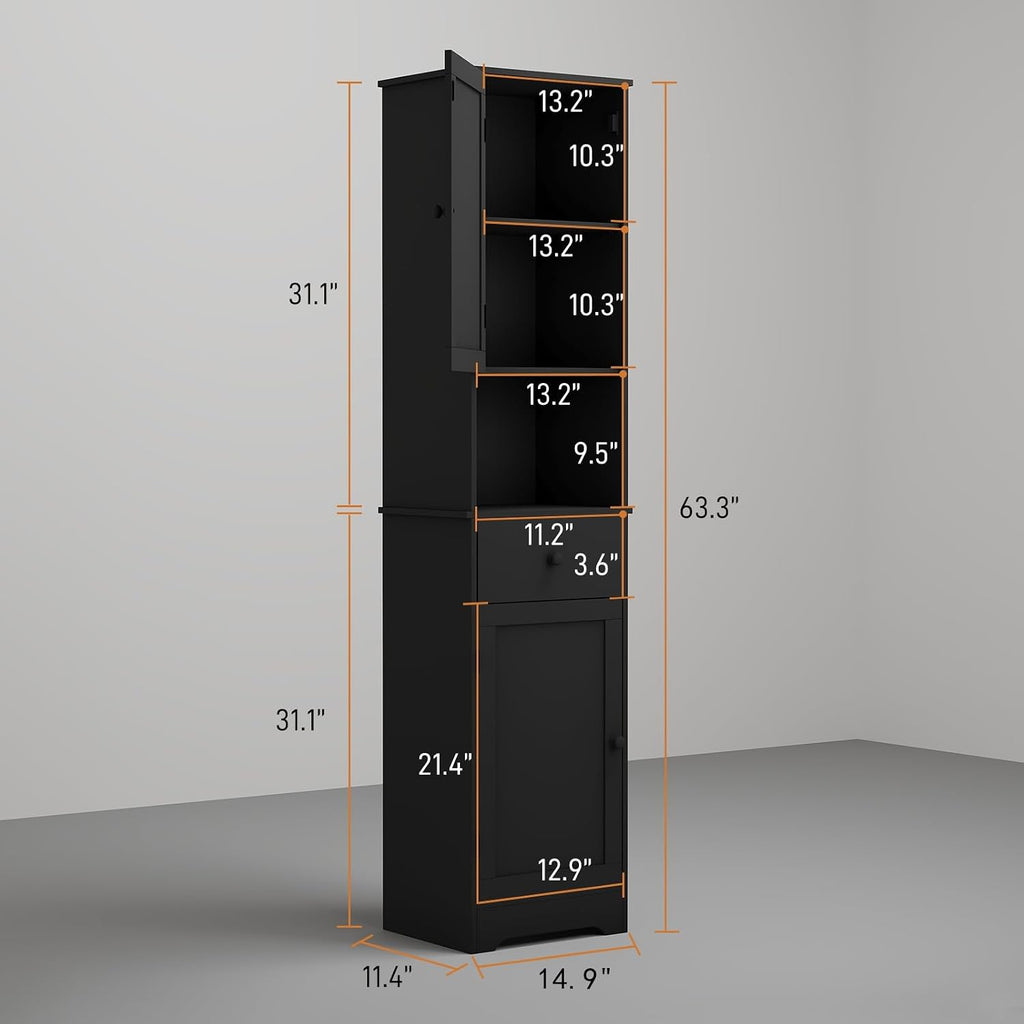 Viaozutis Tall Bathroom Cabinet, Storage Cabinet with 2 Doors & 2Drawer, with Ajustable Shelve, for Bathrooms, Kitchens,Entrances（Black）