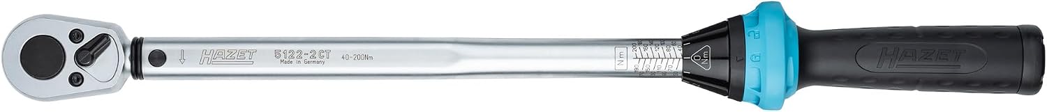 HAZET Torque Wrench 5122-2CT I Output: Square 12.0.20 In, 1/2 Inch, Tolerance: 4%, 32 Teeth Actuating Angle 11.25 Degrees I User-Friendly Reversible Ratchet for Car And Bicycle I 20.43 In