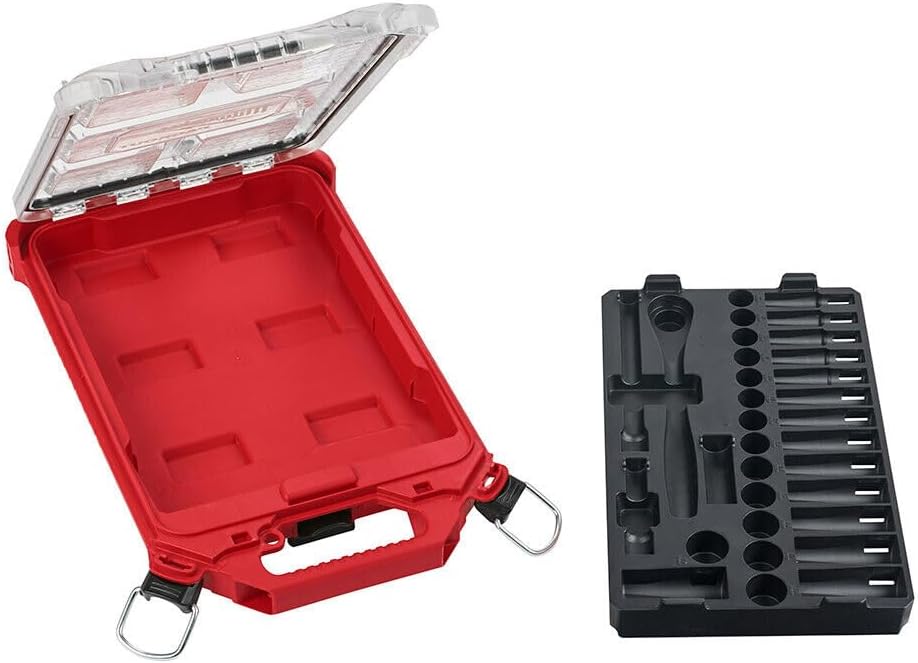 Ratchet Metric Socket Set For Milwaukee 48-22-9482 3/8' Ratchet Metric Socket Set w/Packout Case (Size:2.7×6.9×16.3 in) - 32pc, Red,black
