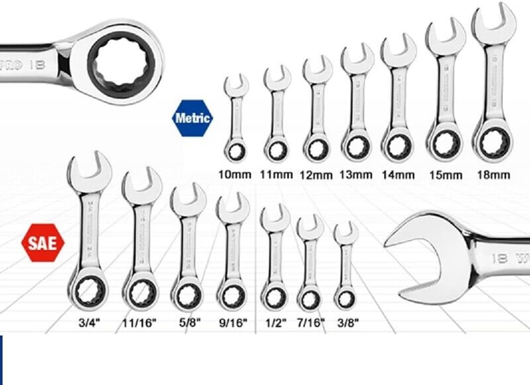 14PC Ratcheting Combination Stubby Wrench Set SAE 3/8-3/4 Metric 10-18mm NEW