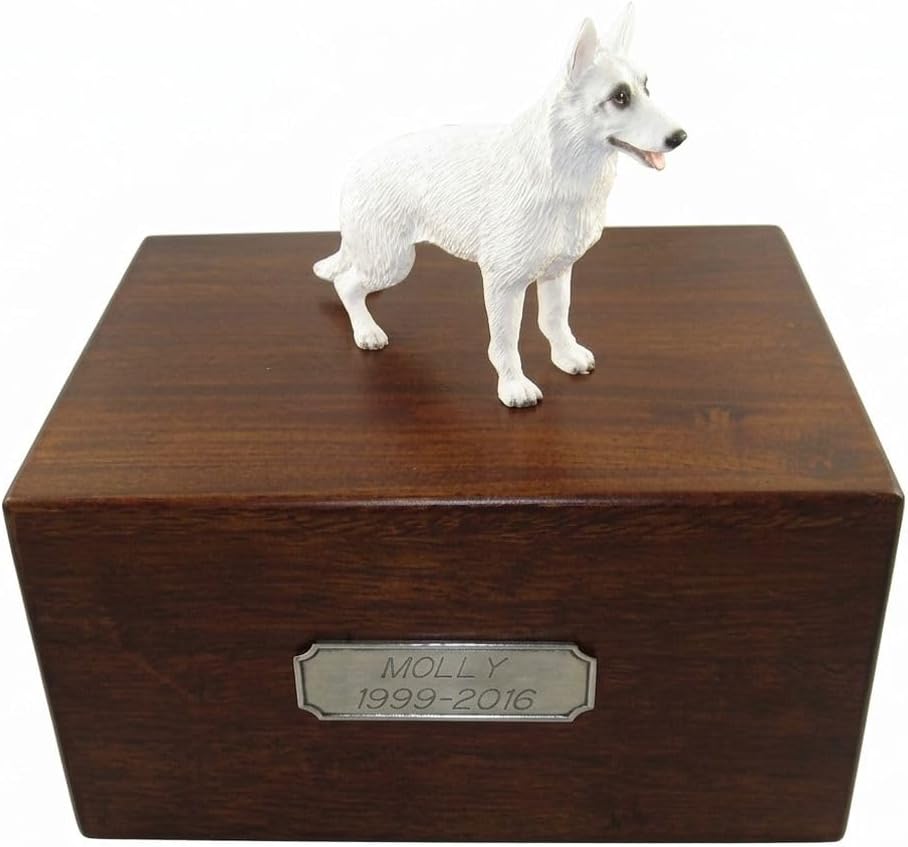 Wooden Pet Urns for Dogs with White German Shepherd Figurine | Personalized Large Dog Urns for Ashes | Paulownia Wood Pet Memorial Gift with Engraved Pewter Plaque | Conversation Concepts