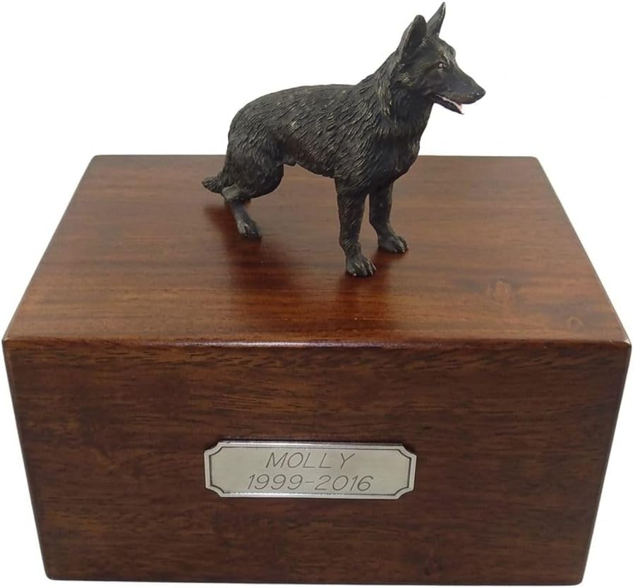 Wooden Pet Urns for Dogs with Black German Shepherd Figurine | Personalized Large Dog Urns for Ashes | Paulownia Wood Pet Memorial Gift with Engraved Pewter Plaque | Conversation Concepts