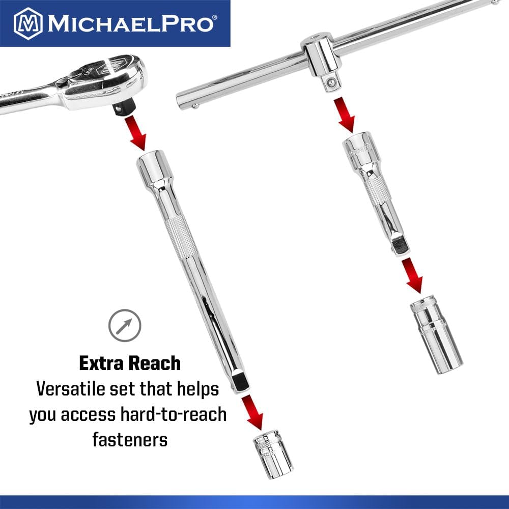 MichaelPro 50-Piece 3/8'' Dr. Socket Set, 90-Tooth Standard & Deep Sockets, SAE 3/8''- 13/16'' & Metric 8-22mm, with Extensions, 8'' Flex Handle, Sliding T-Bar, Universal Joint, CR-V Steel | MP005060