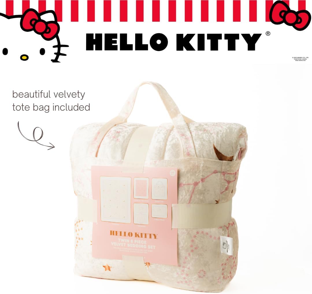 Lux Hello Kitty Velvet Bedding 7 Piece Super Soft Cozy Reversible Comforter and Sheet Set with Sham & Tote Bag, Full, (Officially Licensed Product) By Franco
