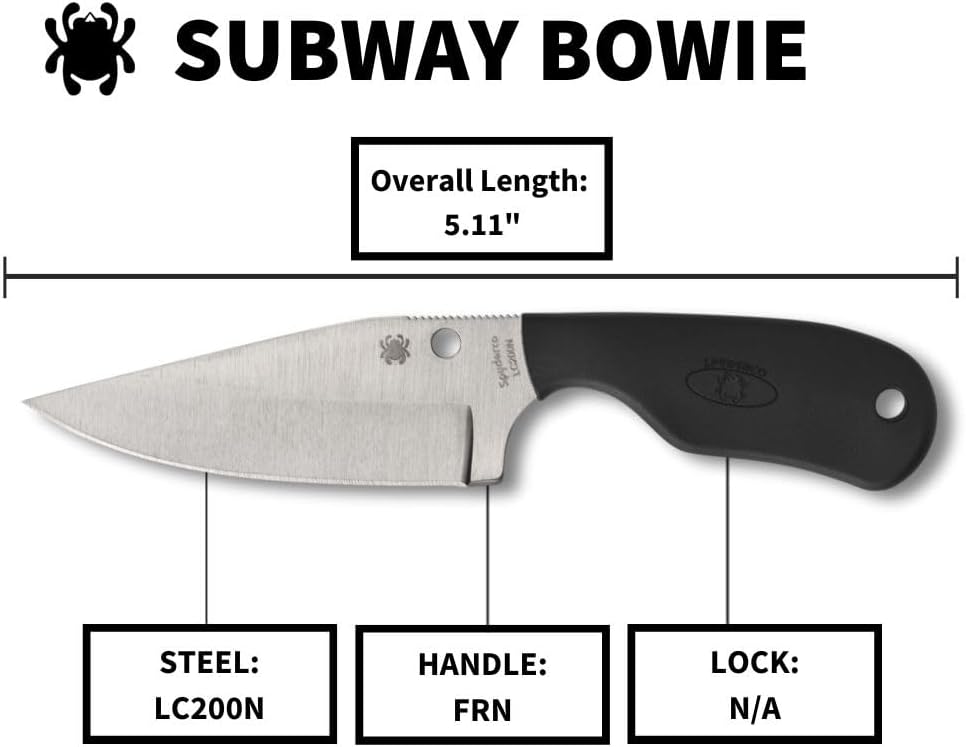 Spyderco Subway Bowie Fixed Blade Knife with 2' LC200N Steel Blade and FRN Handle - EDC Knife for Men and Women, Perfect for Hunting, Tactical, Camping, Survival, Hiking - PlainEdge - FB48PBK