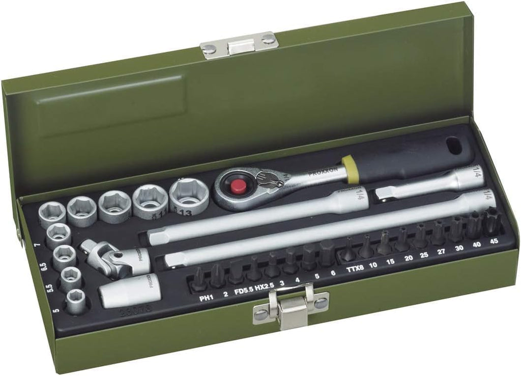 Proxxon 23078 32-Piece Fine Mechanic's Set with Micro Compact Ratchet, Steel Socket Inserts, Standard Bits, and Adaptor for 6-Inch Square and Extensions