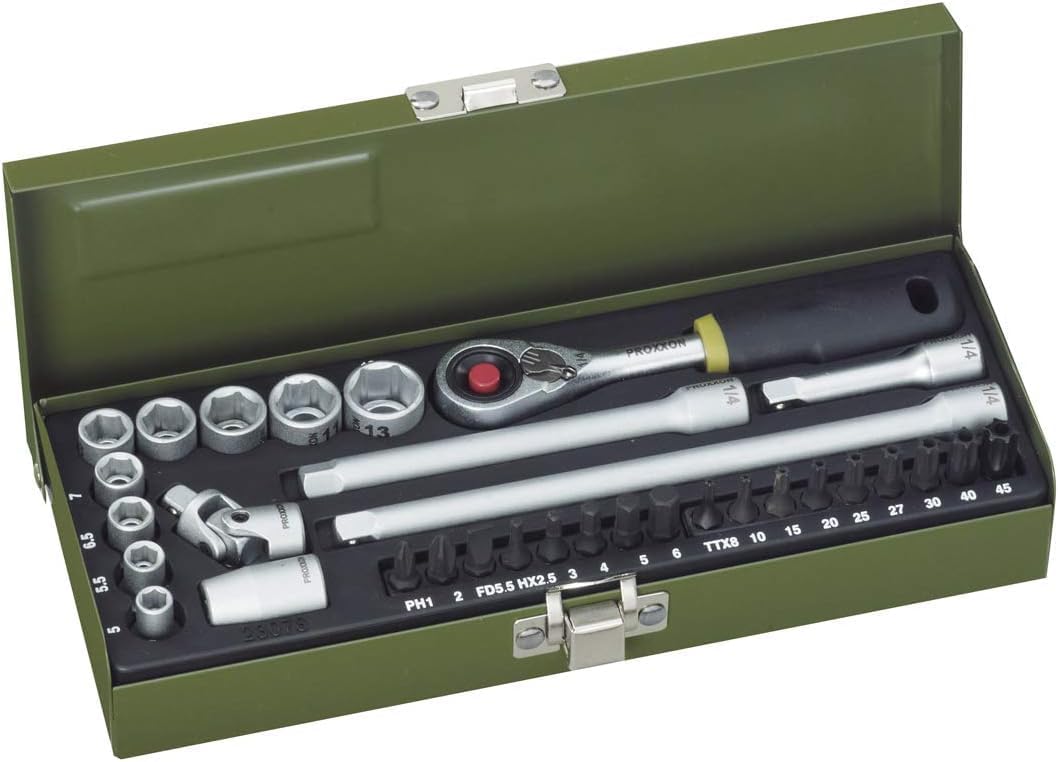Proxxon 23078 32-Piece Fine Mechanic's Set with Micro Compact Ratchet, Steel Socket Inserts, Standard Bits, and Adaptor for 6-Inch Square and Extensions