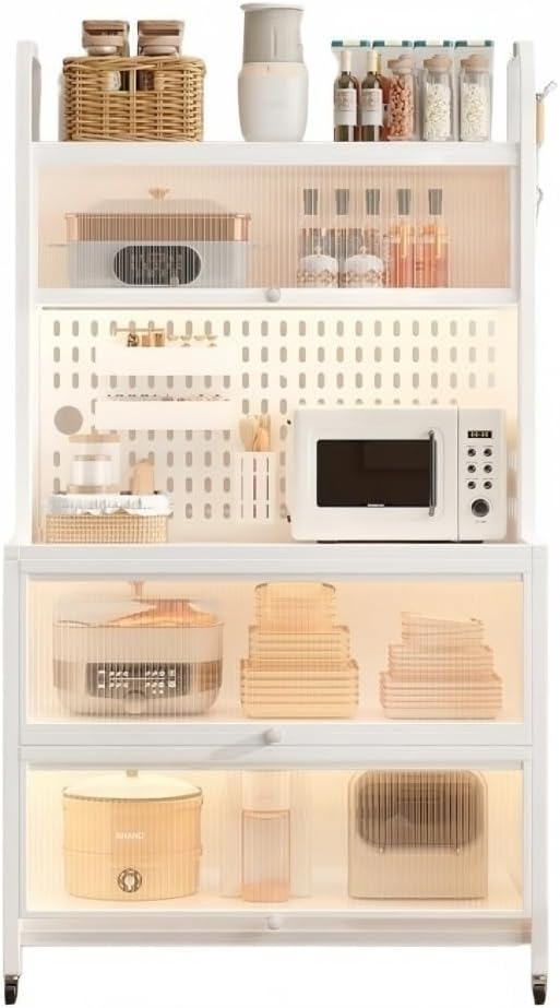 Tall Kitchen Pantry Storage Cabinet Bakers Rack with Wheels Hutch with Countertop Metal Sideboard with Acrylic Doors Creative idea(White,80 * 42 * 157cm)