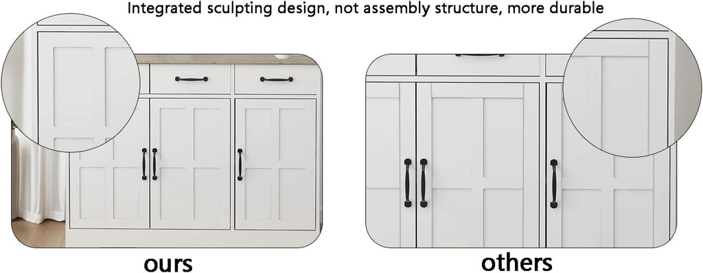 72' 4-Door Freestanding Storage Cabinet, Kitchen Storage Bakers Rack with Carved Design, Utility Food Cupboard with Adjustable Shelf for Kitchen Dining Laundry Room, White