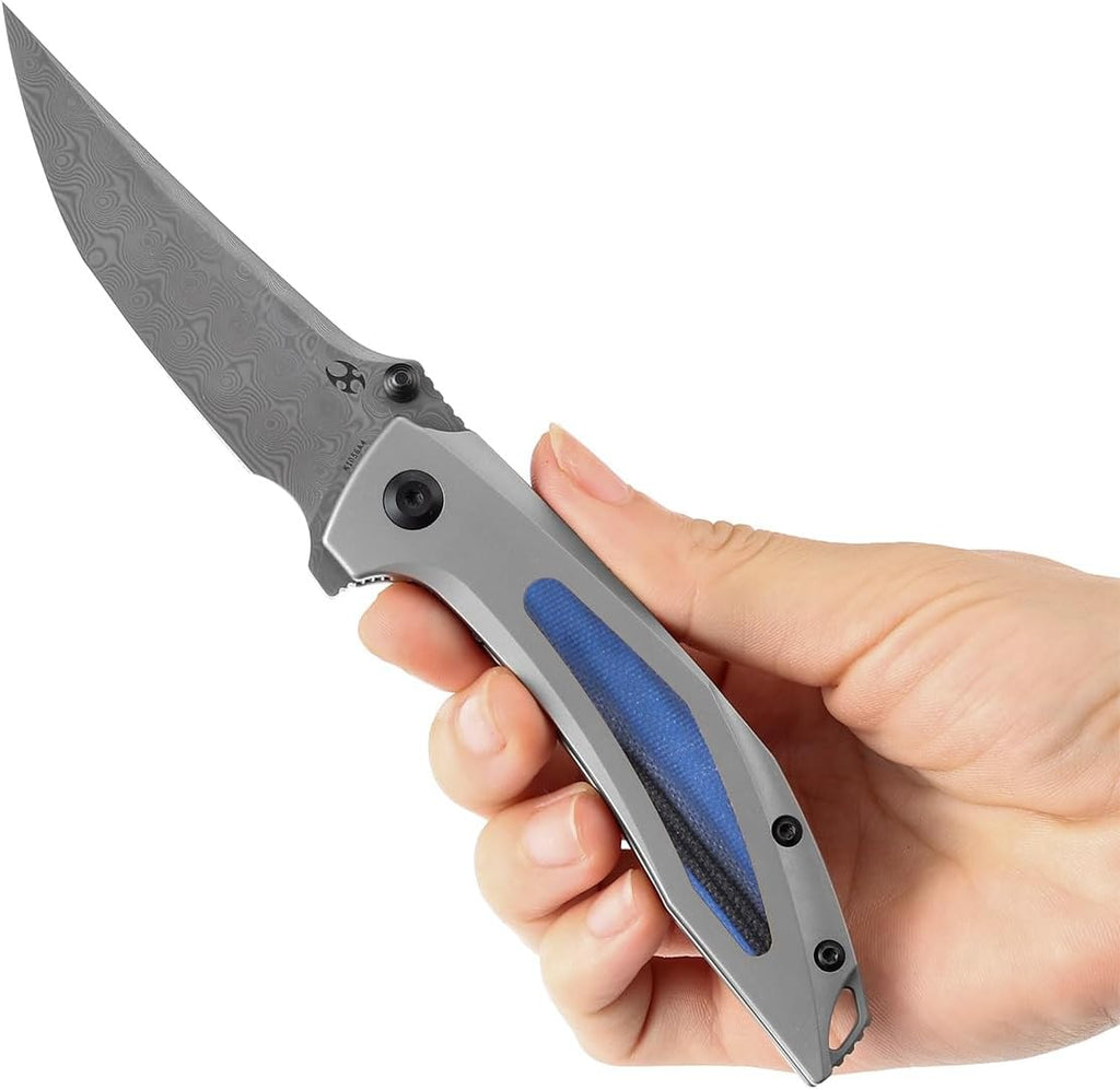 KANSEPT Baku Pocket Folding Knives for Men EDC Camping Folding Knife 3.2'' Damascus Material Outdoor Folding Knives with Titanium Blue Black G10 Inlay Handle Everyday Carry K1056A4