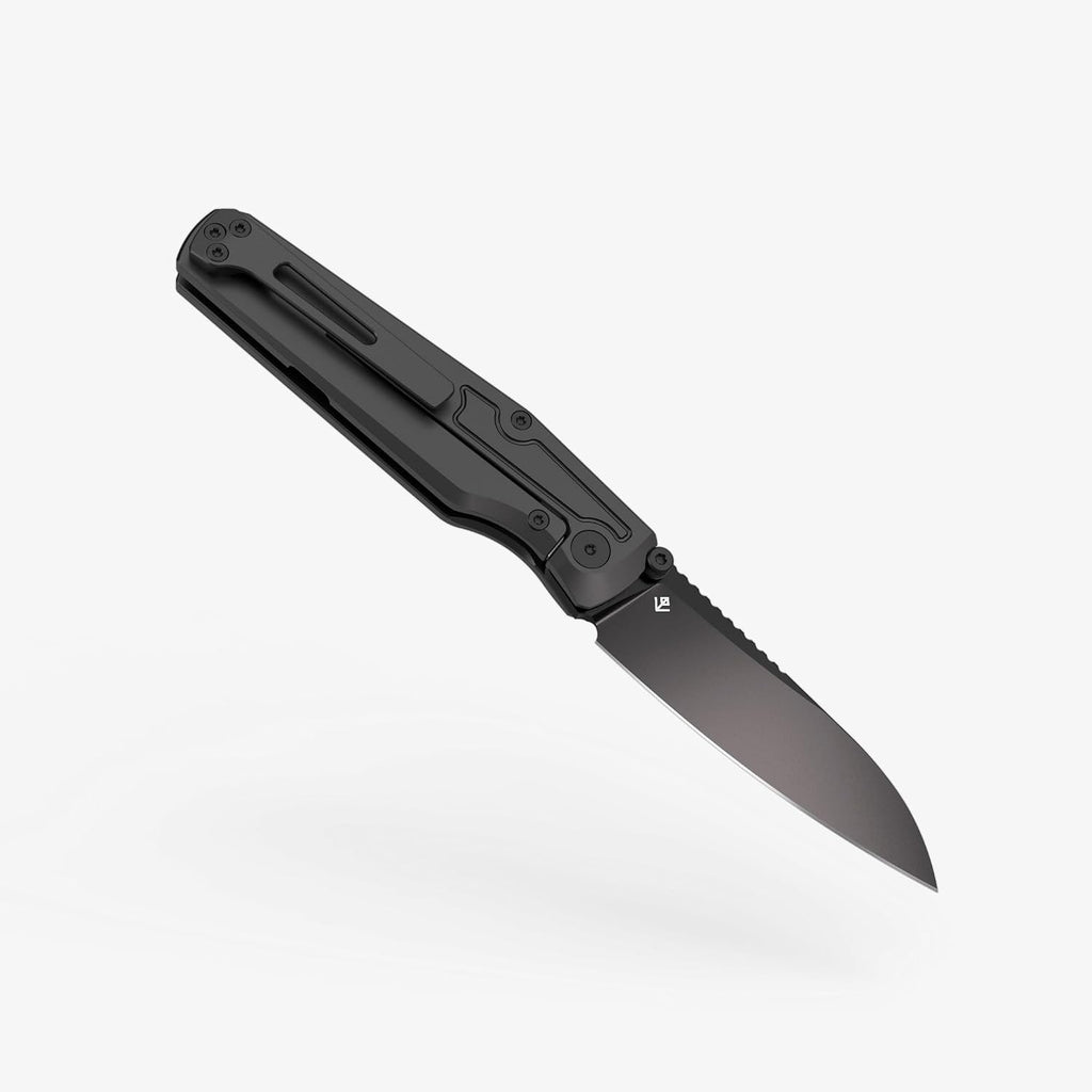 Flytanium Concourse Frame Lock Pocket Knife with Titanium Handle – Modified Wharncliffe 14C28N Steel Blade, Front Flipper & Thumbstud, Reversible Titanium Pocket Clip, EDC Knife (Black Coated)