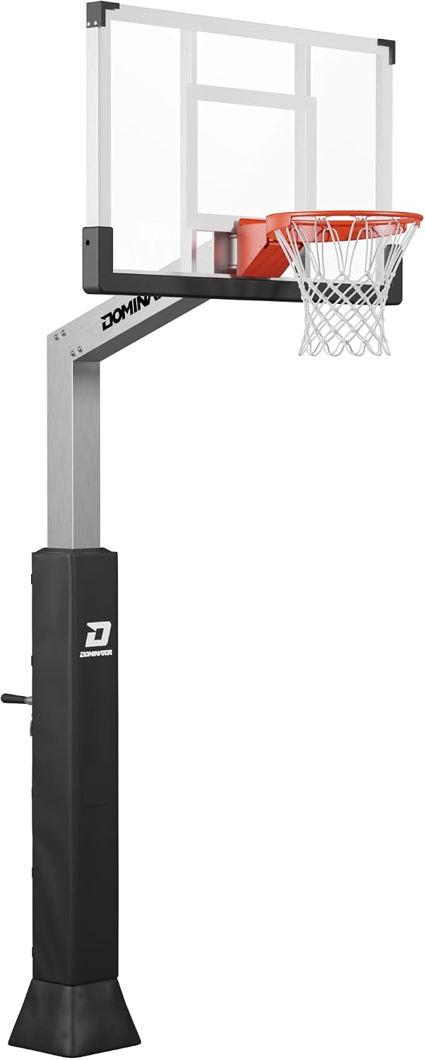 DOMINATOR Premium Inground Adjustable Basketball Hoop - 54' Backboard w/ 2.5' Overhang - Aluminum Adjustable Basketball Goal - Adjusts from 7.5' - 10', Made of Heavy Duty Rust Proof Aluminum