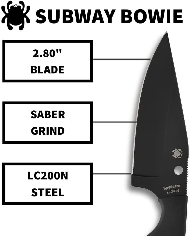 Spyderco Subway Bowie Fixed Blade Knife with 2' LC200N Steel Blade and FRN Handle - EDC Knife for Men and Women, Perfect for Hunting, Tactical, Camping, Survival, Hiking - PlainEdge - FB48PBBK