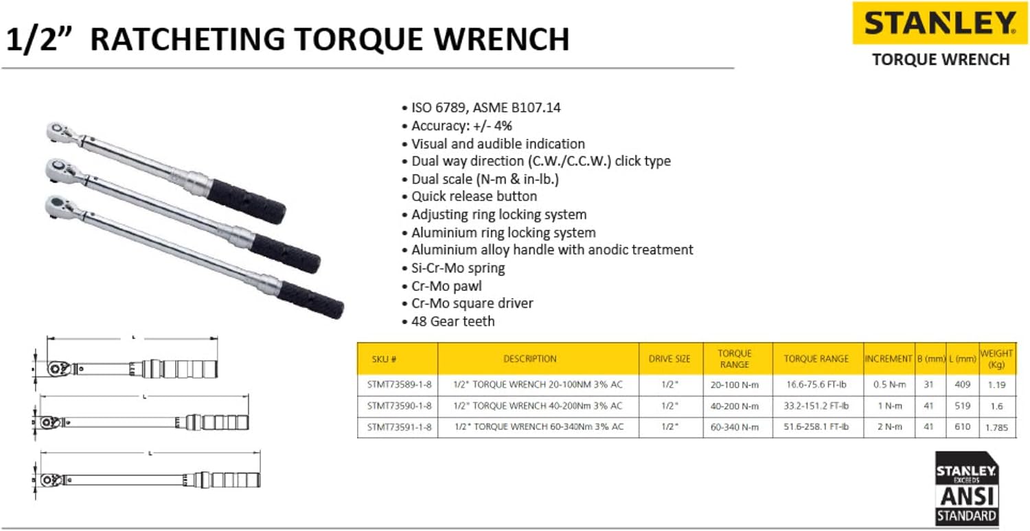 STANLEY STMT73589-8 1/2'' Ratcheting Type Drive Torque Wrench 20-100 Nm