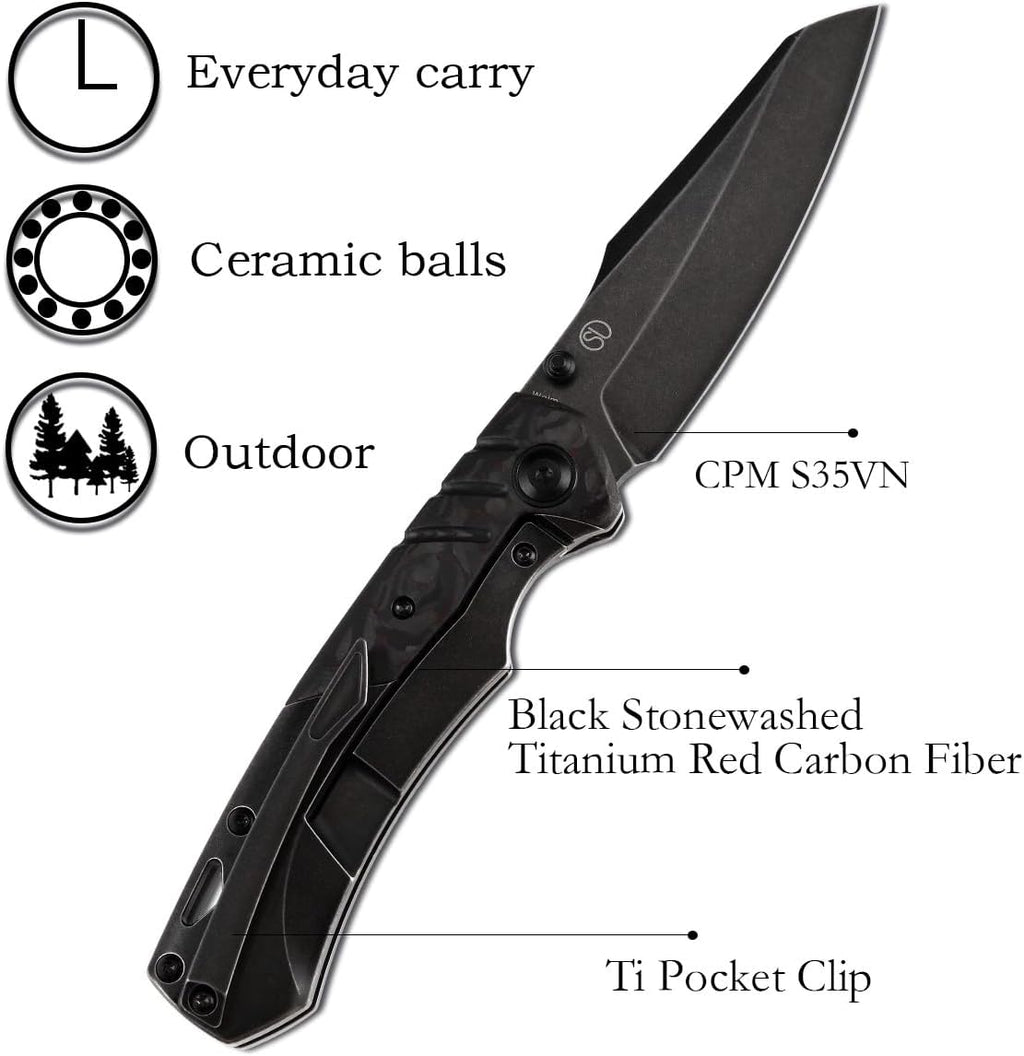 KANSEPT Weim Pocket Folding Knives for Men EDC Camping Knife 3.28'' Black Stonewashed CPM S35VN Material with Black Stonewashed Titanium + Red Carbon Fiber Handle K1051A5