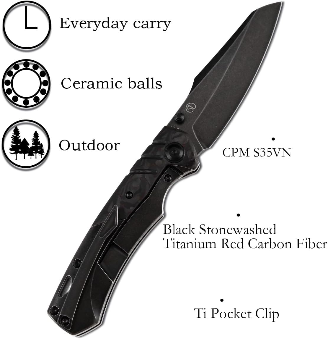 KANSEPT Weim Pocket Folding Knives for Men EDC Camping Knife 3.28'' Black Stonewashed CPM S35VN Material with Black Stonewashed Titanium + Red Carbon Fiber Handle K1051A5
