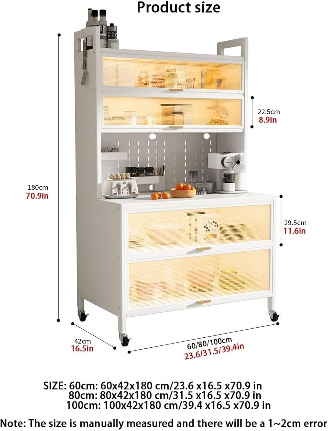 Storage Cabinet Kitchen Pantry Shelf Microwave 6-Tier Stand with Storage with Flip Door and Wheels Metal Sideboard Baker's Rack Coffee Pub for Spices Pots Pans,White 80cm