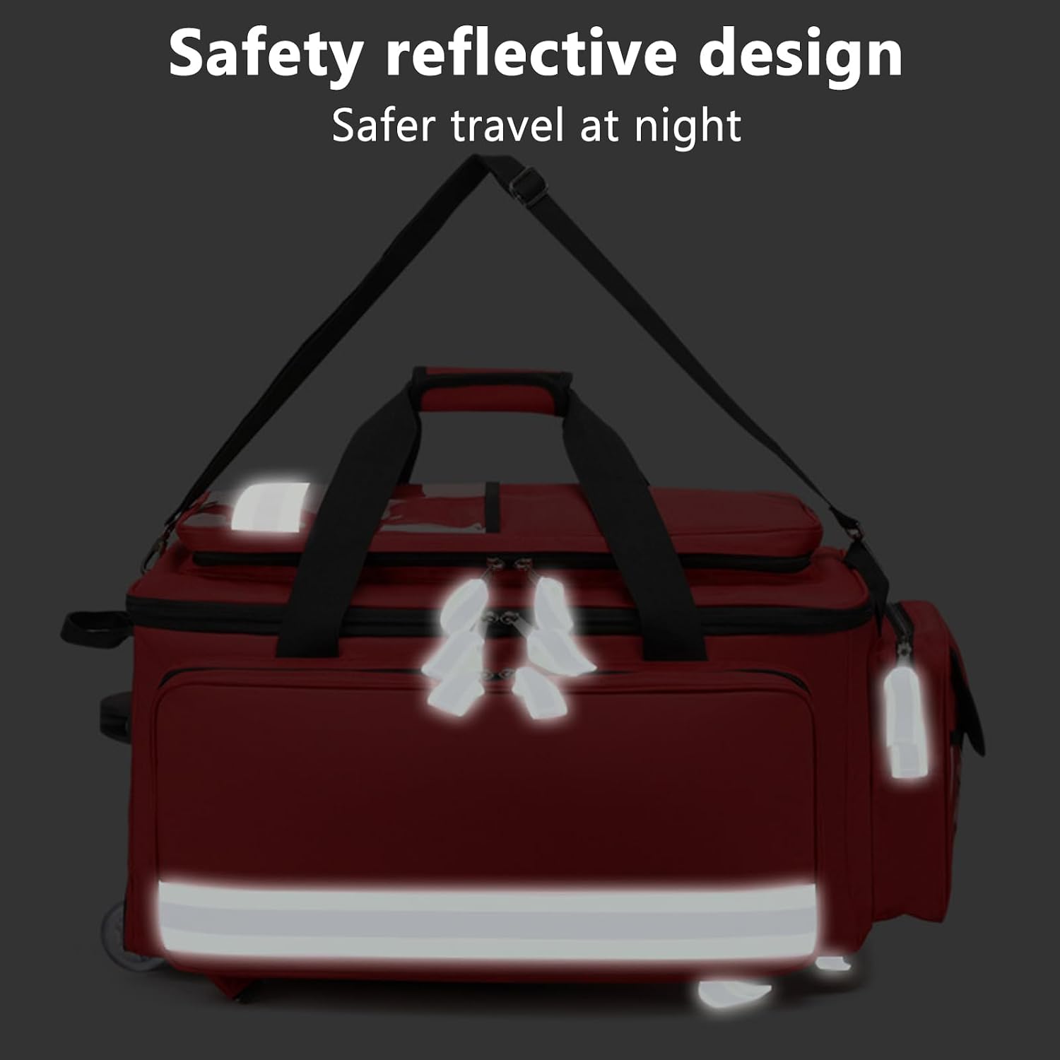 Rolling Medical Bag with Wheels, Large Capacity Medical Trolley Bag Empty, W/Reflective Strips & a Pull Handle, Multi-Pocket Design, for Home Health Nurses, Doctors