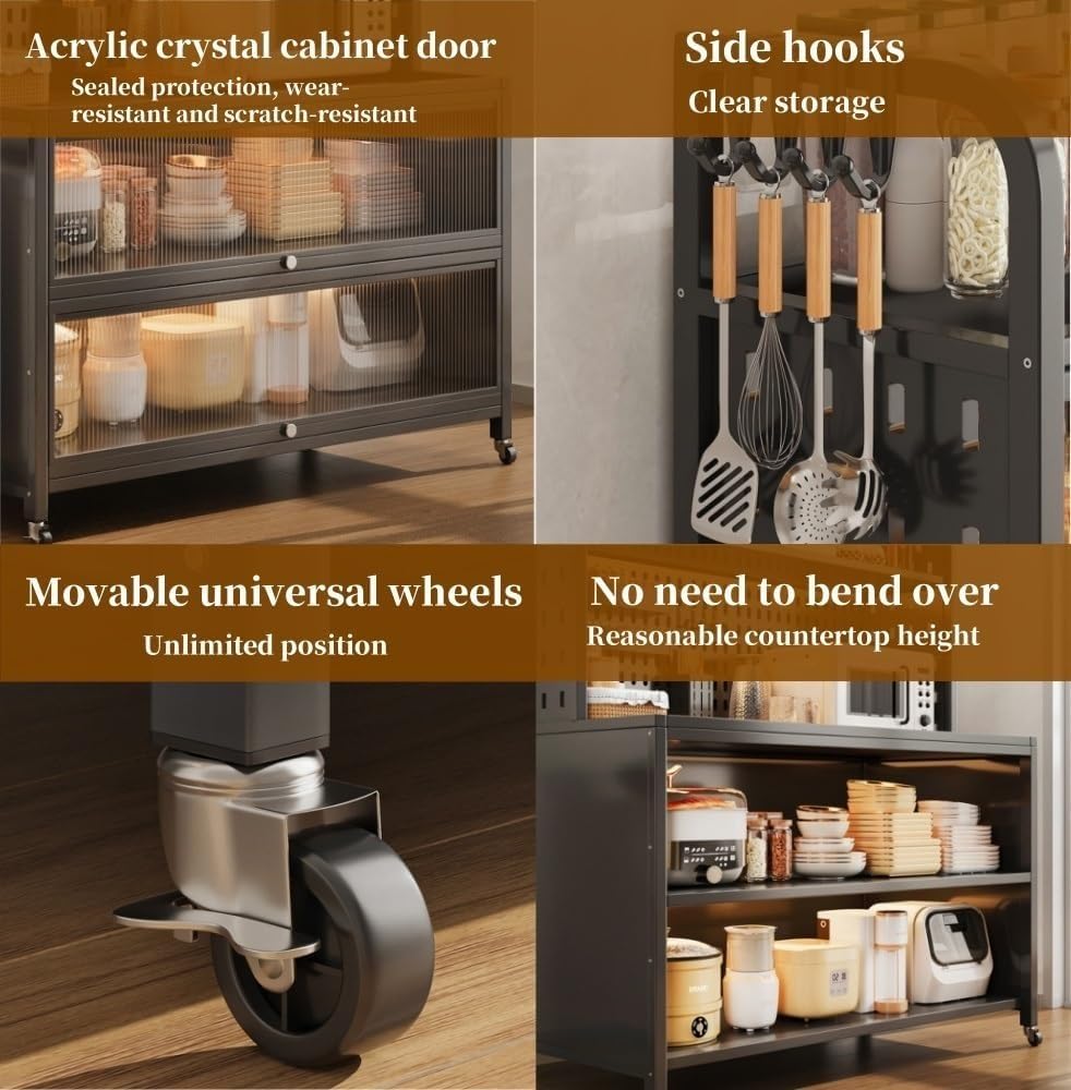 Tall Kitchen Pantry Storage Cabinet Bakers Rack with Wheels Hutch with Countertop Metal Sideboard with Acrylic Doors Creative idea(White,80 * 42 * 180cm)