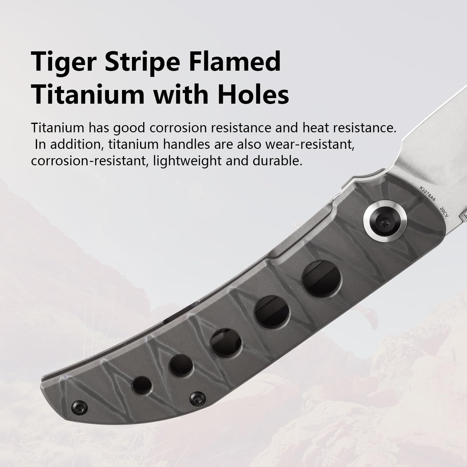 KANSEPT Tarkin Camping Pocket Knives for Men 7.87in Folding Pocket Knives with 3.42in CPM 20CV Material and Tiger Stripe Flamed Titanium with Holes Handle for Outdoor, Tactical, Survival K1078A6