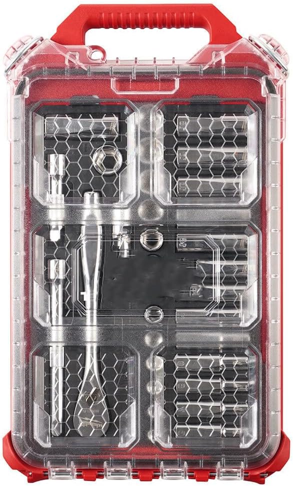 Ratchet Metric Socket Set For Milwaukee 48-22-9482 3/8' Ratchet Metric Socket Set w/Packout Case (Size:2.7×6.9×16.3 in) - 32pc, Red,black