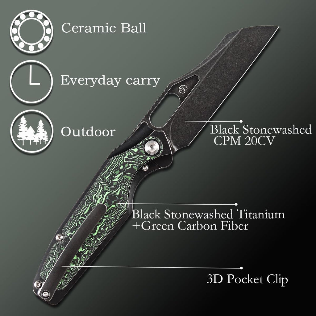 KANSEPT Tuckamore Camping Pocket Knives for Men 8.12in Folding Knives with 3.54in Stonewashed CPM 20CV Material and Titanium Green Carbon Fiber Handle for Outdoor, Tactical, Survival K1052A3