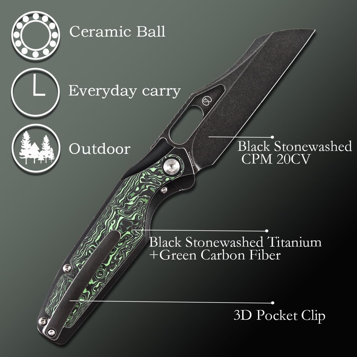 KANSEPT Tuckamore Camping Pocket Knives for Men 8.12in Folding Knives with 3.54in Stonewashed CPM 20CV Material and Titanium Green Carbon Fiber Handle for Outdoor, Tactical, Survival K1052A3