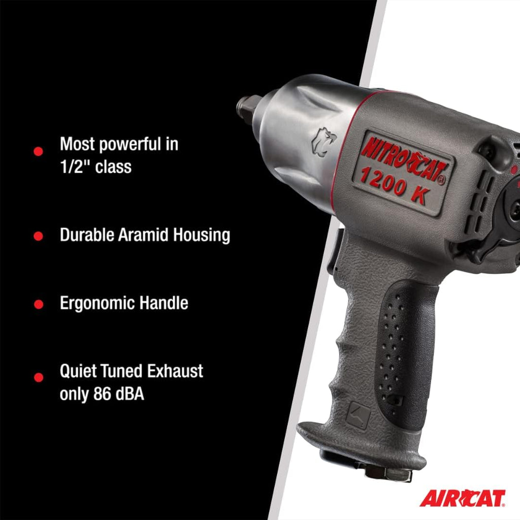 NITRO CAT 1200-K 1/2-Inch Kevlar Composite Air Impact Wrench With Twin Clutch Mechanism, grey and silver, full size