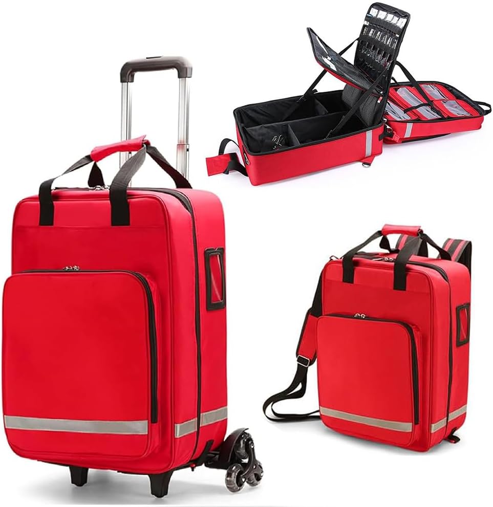 Rolling Medical Bag, Professional First Aid Kits, Nurse Rolling Bag with Removable Dividers, Emergency Responder Trauma Bag, Reflective Strips, for Home, Nurses, Doctors, EMT,(Red)