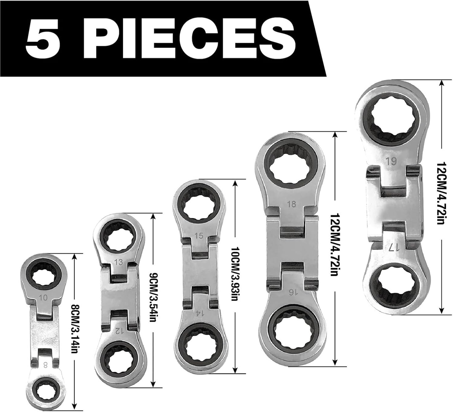 5-Piece stubby Flex-Head ratcheting wrench set metric combination 72-Teeth, with Rolling Pouch 8m10m12m13m14m15m16m17m18m19m