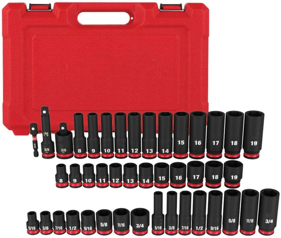 Socket Set For Milwaukee 49-66-7009 3/8'' Impact Duty SAE/Metric Socket Set (Size:16.3 x 2.8 x 10.5 in) - 43 PC, Red,black