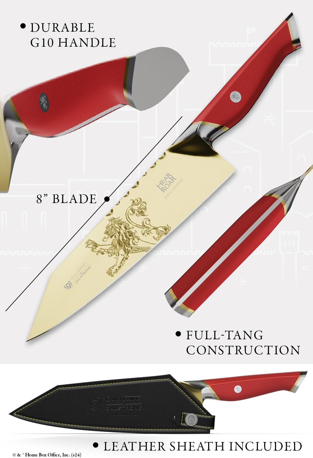 Dalstrong 8 inch Chef Knife- Game of Thrones™ Knife - House Lannister™ Edition - German Premium Steel Full Tang - Professional G10 Handle - Collection Item Toughbuilt Utility Knife- Leather Sheath