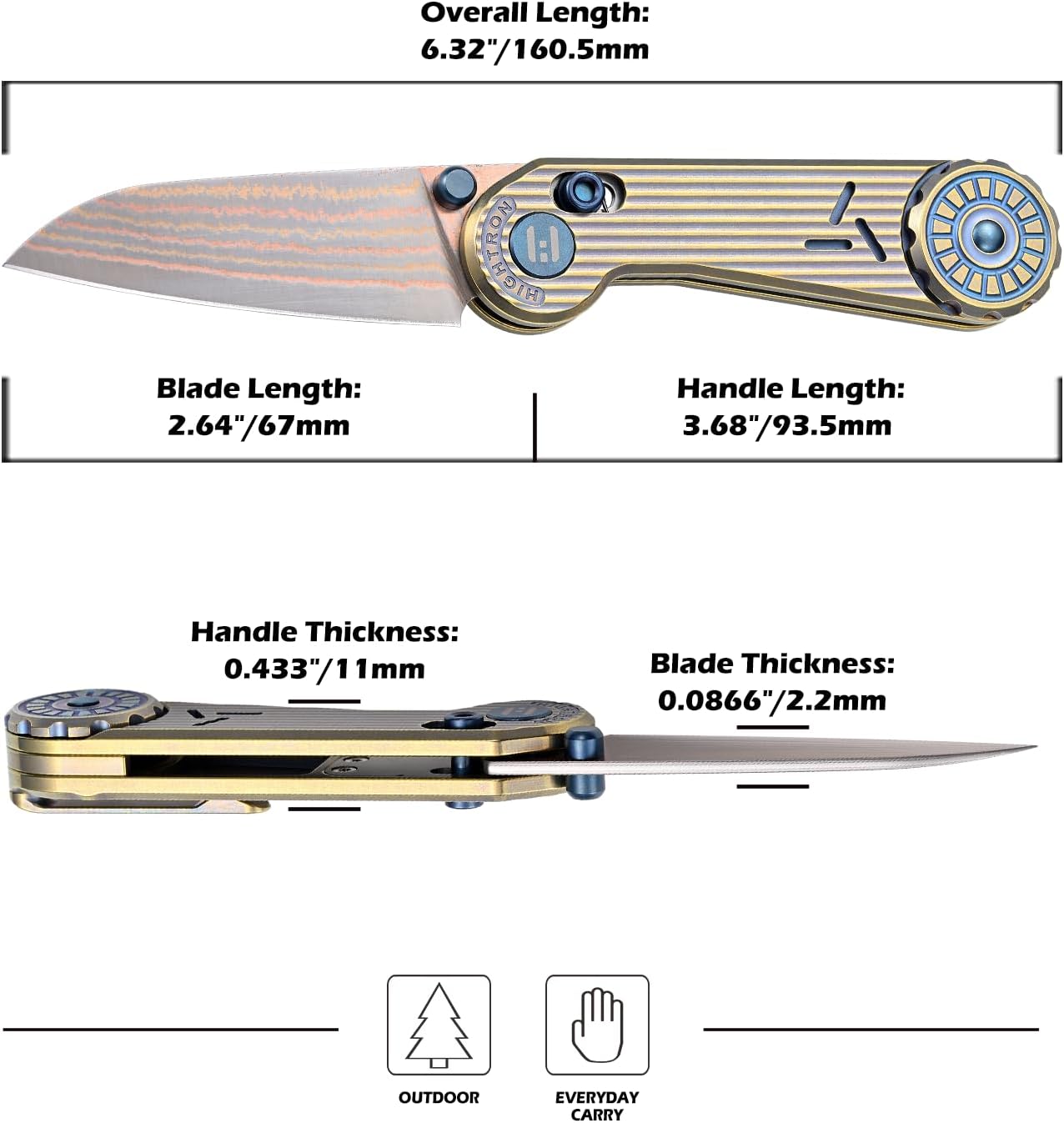 Hightron EdgePlay Premium Fidget Knife 2.64' Copper Damascus Blade and Titanium Handle Thumb Stud Opener and Axis-Lock Pocket Knife with Pocket Clip For Men Women Camping Hiking Gold