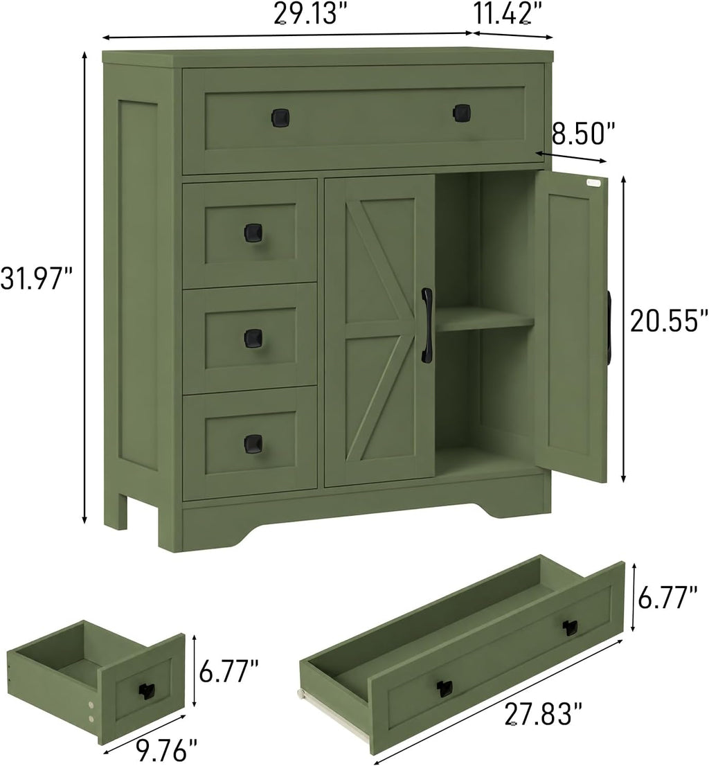 Vabches Farmhouse Storage Cabinet with 2 Doors and 4 Drawers, Freestanding Bathroom Storage Cabinet Kitchen Pantry, Floor Hutch Cupboard for Bathroom/Living Room/Kitchen.Green