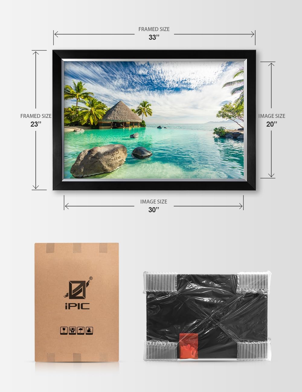 IPIC - 'Tropical Memories Personalized Framed Wall Art, Custom Beach Canvas Print with Name and Date on Rock, A Personalized Gift for Couple, Wedding, or Anniversary, Coastal Home Decor